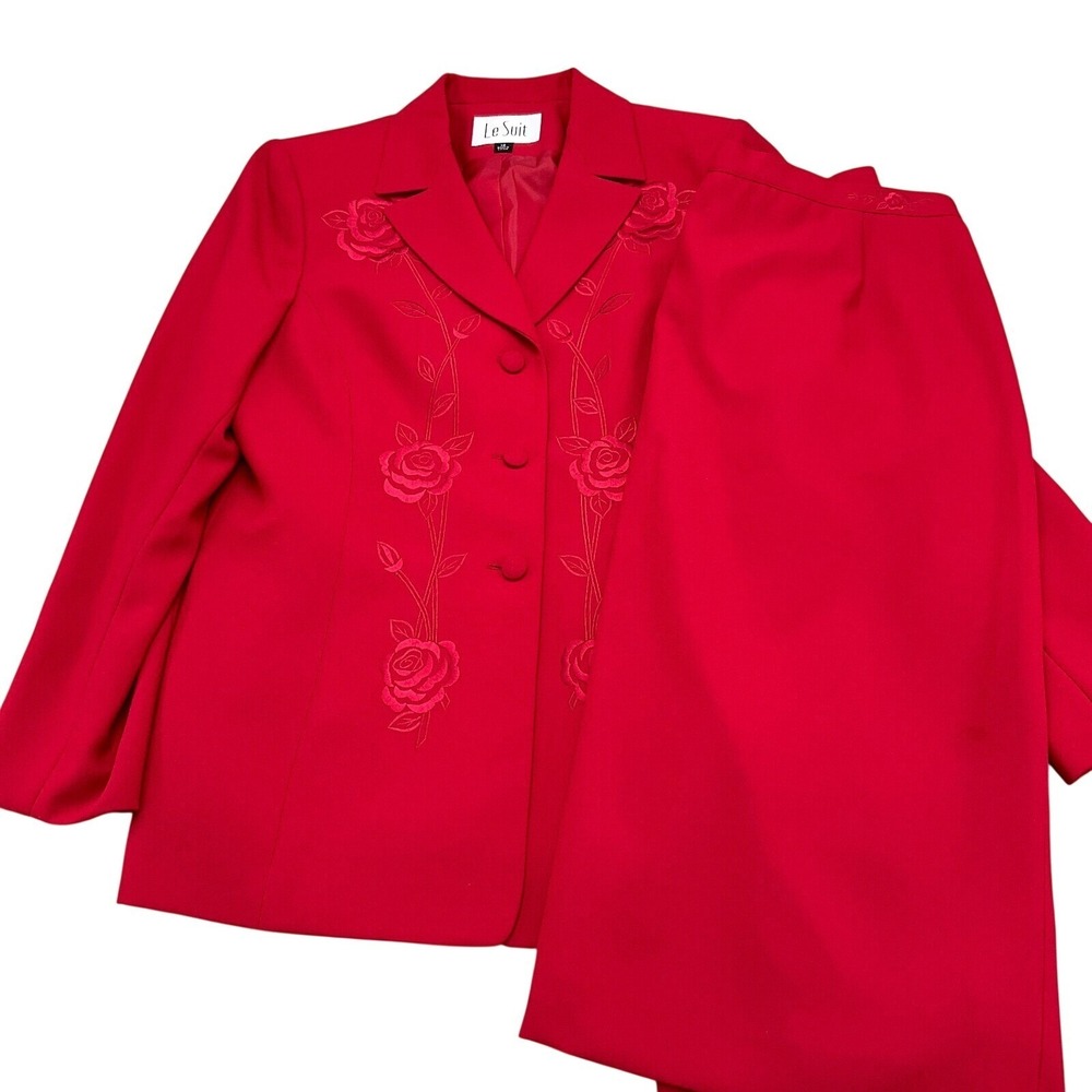 Le Suit Skirt Suit Womens 12 Red‎ Rose Floral Stitched Holiday Romantic Festive